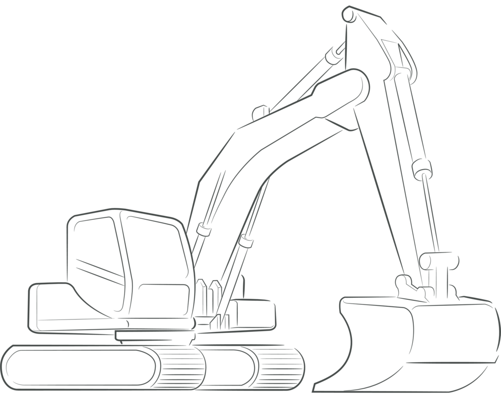 Drawing of an excavator with an excavator bucket
